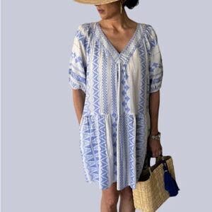 Boo Gemes Scarpa Cotton Blue & Cream V-Neck Printed Dress Size M